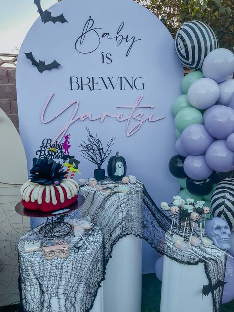 October Boy Baby Shower Ideas, Boo Baby Shower Theme Boy, Horror Themed Baby Shower Ideas, Edgy Baby Shower Theme, Lil Boo Baby Shower Theme, Baby Shower Themes Halloween, Baby Brewing Shower Ideas Halloween, A Baby Is Brewing Halloween Baby Shower Ideas, Adams Family Baby Shower Ideas