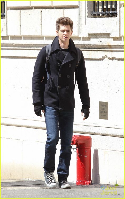 Andrew Garfield Pea Coat (probably Schott 740) Andrew Garfield Outfit, Andrew Garfield Style, Garfield Outfit, Pea Coat Outfits, Pea Coat Men, Peacoat Outfit, Men Overcoat, Parker Outfit, Andrew Garfield Spiderman