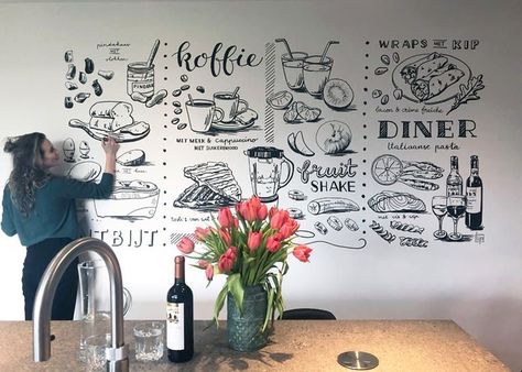 Wall Graphics Restaurant, Easy Wall Painting Ideas, Easy Wall Painting, Wall Graphics Design, Kitchen Wall Design, Pizzeria Design, Black Baby Art, Simple Ceiling Design, Coffee Shop Branding