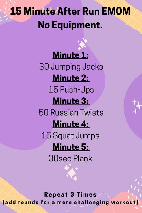 EMOM for Runners. No Equipment. After Run Add-On. The best way to sneak in strength training is an add-on after your running. Schedule in an extra 10-15mins after a run and do a quick no equipment EMOM. This type of workout keeps you from getting board, hits multiple muscle groups, and can be done anywhere. Workout After Running, Run And Strength Workout, Strength Training No Weights, After Running Workout, Leg Emom Workout, After Run Workout, Running And Strength Training Schedule, Emom Workout No Equipment, Emom Workout Weights