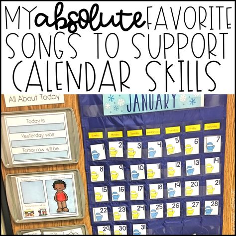 Incorporating songs during our calendar time lends itself to multi sensory learning in my special education classroom. Check out 3 of my favorite songs to use during calendar time. Preschool Calendar Time, Calendar Time Kindergarten, Time Kindergarten, Teaching Calendar, Kindergarten Architecture, Morning Calendar, Kindergarten Calendar, Calendar Skills, Preschool Calendar