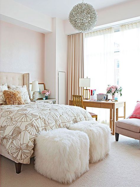 A combination of soft pastels and calming neutrals makes this bedroom a relaxing retreat. Infusing the space with a variety of textures, like the foot-of-the-bed stools and the dimensional chandelier, ensures the neutral space looks anything but dull! http://www.bhg.com/rooms/bedroom/master-bedroom/beautiful-boudoirs/?socsrc=bhgpin010415subtlebeautyroom&page=16 Rose Gold Bedroom, Chic Bedroom Design, Feminine Bedroom, Neutral Bedrooms, Decor Ikea, Gold Bedroom, Pink Bedrooms, Woman Bedroom, Chic Bedroom