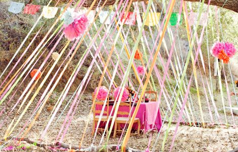 Streamer Tent. No need for outdoor shelter to create an atmosphere — Green Wedding Shoes does it brilliantly with a branch and colorful streamers. Backyard Kids, Festival Style Wedding, Outdoor Play Space, Crepe Paper Streamers, Paper Streamers, A Group Of People, Outdoor Party Decorations, Ideas Backyard, Group Of People