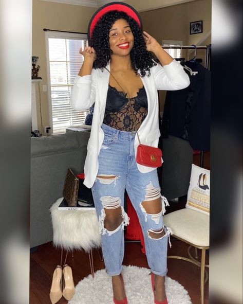 Lace Bodysuit Outfit Jeans Blazer, Lace Bodysuit Blazer Outfit, Red Black And White Outfit Ideas, Red Lace Bodysuit Outfit, Red Pumps Outfit, Ideas For A Date Night, Ideas For A Date, Lace Bodysuit Outfit, Casual Heels Outfit