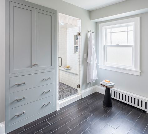 Casa Verde Design - bathrooms - Benjamin Moore - Fieldstone - linen cabinet, built in linen cabinet, gray linen cabinet, walk in shower, sub... Bathroom Cabinet Redo, Closet In Bathroom, Bathroom Setup, Bathroom Linen Closet, Closet Redo, Cabinet Gray, Linen Closets, Tiled Floor, Bathroom Features