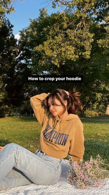 HANG 🌙 Life, Style, Hair & Home on Instagram: "Easiest way to crop your hoodie like a pro 🪡✂️ 1. Cut right above the pocket 2. Cut out the rib part and bulky fabric 3. Lay the ribbed hem on top of the hoodie, front sides facing each other 4. Sew the bottom together using overlock stitch 5. Flip in the ribbed hem so stitch doesn’t show And you’re done ✔️ #hoodieseason #easyDIY #sewingDIY #hoodieDIY #fashionmonth" How To Crop A Hoodie, Cut Hoodies, Hang Nguyen, Hoodie Diy, Overlock Stitch, Repurposed Clothing, Style Hair, Doja Cat, Cat Painting