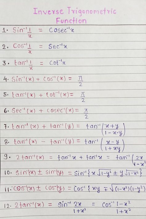 This is some inverse trigonometric formula. Inverse Trigonometry Formulas, Trigonometric Formulas, Colourful Notes, Maths Formulas, Laplace Transform, Math Formula Chart, Formula Chart, Trigonometric Functions, 12th Maths