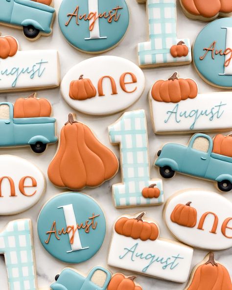 Give me all the pumpkin birthday sets 💙 #cookies #njcookies #cookiesofinstagram #decoratedsugarcookies #birthdaycookies | Instagram Pumpkin Patch Cookies Decorated, Fall First Birthday Cookies, Pumpkin Patch Cookies, First Birthday Boy Fall Themes, November Baby Birthday Ideas, Pumpkin Birthday Cookies, Fall Decorated Cookies, Fall First Birthday, Fall 1st Birthdays