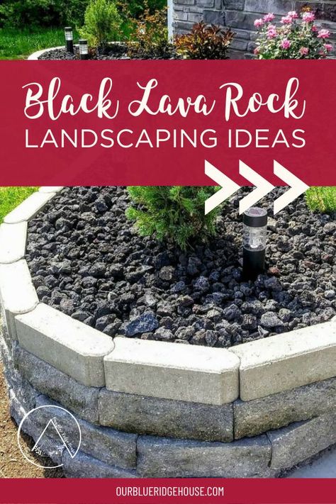 15 black lava rock landscaping ideas including water features, flower beds, walking paths, and backyard designs for ground cover... #landscaping #blacklavarock Lava Rock Flower Beds, Flower Beds With Black Rock, Black Lava Rock Landscape, Landscaping With Lava Rock, Black Rock Landscaping Ideas Front Yard, Dark Rock Landscaping, Black Rock Flower Beds, Black Lava Rock Landscaping Front Yards, Flower Beds In Front Of House With Rocks