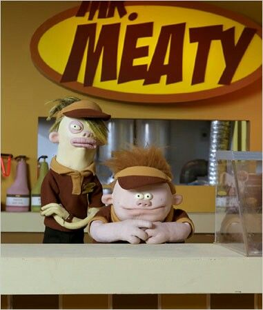 Mr.Meaty ! Lol the taller ones swollen eyes and lips always bothered me a little Mr Meaty, 00s Cartoons, Puppet Character, Cartoon List, Old Animation, Old Cartoon Shows, Comedy Tv Shows, Drake And Josh, Cartoon Food