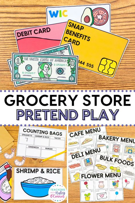 Grocery store centers are perfect for your early education classroom. Grocery store pretend play is dramatic play. First, I love to read aloud, Saturday at the Food Pantry. Grocery store play is a great way to incorporate a social emotional learning activity into your school day. In my preschool classroom, students can easily learn about cultural diversity, financial education, and religious diversity for kids. You can easily use these as a preschool center activity. Grocery Store Literacy Preschool, Tools Of The Mind Grocery Theme, Grocery Theme Preschool Activities, Garden Dramatic Play Preschool, Grocery Dramatic Play, Grocery Store Dramatic Play Printables, Grocery Store Printables, Dramatic Play Grocery Store, Grocery Store Pretend Play