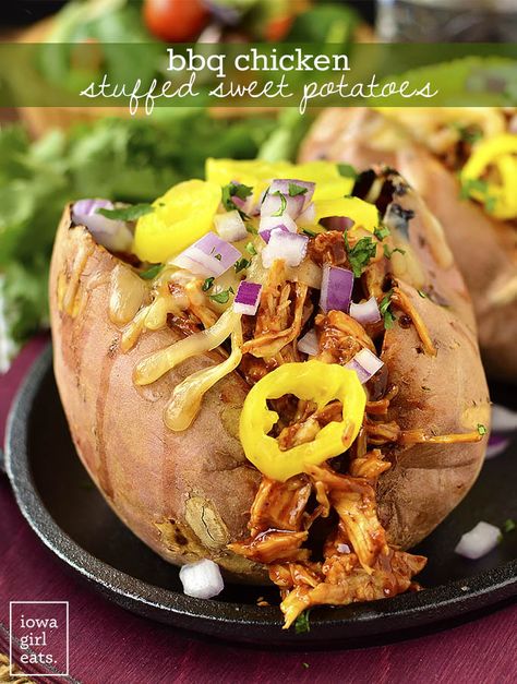 BBQ Chicken Stuffed Sweet Potatoes call for just 4 main ingredients and are absolutely mouthwatering. Leftovers are just as tasty too! | iowagirleats.com Chicken Stuffed Sweet Potato Recipes, Bbq Chicken Stuffed Sweet Potato, Chicken Stuffed Sweet Potato, Sweet Potato Bbq, Homemade Seasoning Salt, Stuffed Sweet Potato, Shredded Bbq Chicken, Stuffed Sweet Potatoes, Bbq Chicken Pizza