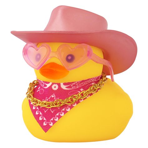 PRICES MAY VARY. Funny Car Duck: This car rubber duck features a cute cowboy hat, heart pink glasses, gold necklace, and double-sided tapes. It is interesting that the rubber duck will squeak when you squeeze it. High Quality: The dash duck is made of premium PVC material, odorless and reliable, stable and fade-resistant, smooth and soft, flexible and not easy to be destroyed. Easy to DIY: You can put the necklace and sunglasses on the duck, then use mini tape to secure the sun hat. Package Cont Funny Rubber Ducks, Rubber Duck Aesthetic, Diy Rubber Duck, Bedrooms Desks, Cute Cowboy Hat, Cruise Ducks, Duck Race, Duck Yellow, Ducky Duck