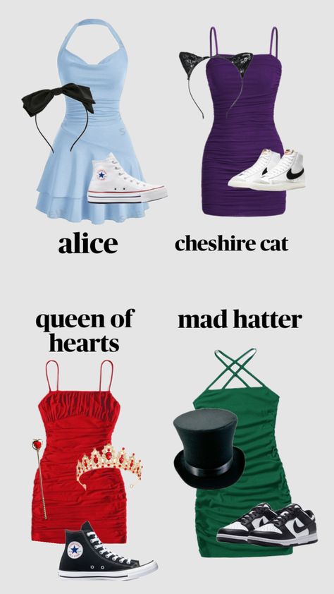 alice in wonderland group costumes #costume #aliceinownderland #friendgroup Fun Halloween Outfits, Cool Halloween Makeup, Alice In Wonderland Costume, Solo Costume, Duo Halloween Costumes, Wonderland Costumes, Trendy Halloween Costumes, Group Costumes, Group Halloween Costumes