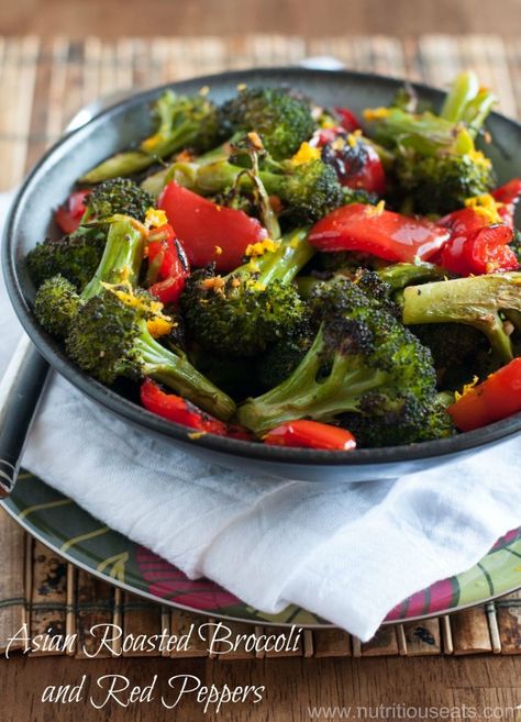 Asian Roasted Broccoli and Red Peppers | www.nutritiouseats.com Broccoli And Red Pepper Recipes, Asian Broccoli, Red Pepper Recipes, Bell Pepper Recipes, Asian Vegetables, Seasonal Fruit, Easy Dips, Vegan Eats, Roasted Broccoli