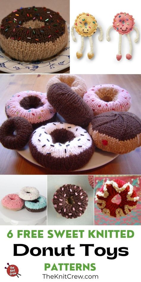 Donut Knitting Pattern, Knitted Food Patterns, Knitted Play Food Free Patterns, Knit Food Patterns Free, Knitted Dog Toys, Knitted Cakes Free Pattern, Knitted Food Patterns Free, Knit Food, Knit Cupcake