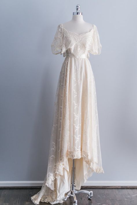 NEW LISTING 1970s Edwardian Inspired Lace Gown by ShopGossamer, $448.00 Satin Belt, Fantasy Gowns, Neckline Dress, Beautiful Clothes, All The Way Up, Wedding Dress Inspiration, Lace Gown, Dress Form, Wedding Things