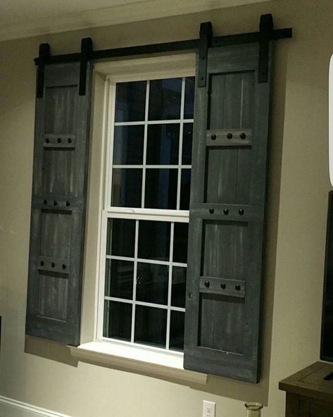 Barn Door Shutters, Rustic Window Treatments, Barn Door Sliding, Sliding Shutters, Rolling Barn Door, Interior Shutters, Rustic Window, Door Sliding, Brick Exterior House