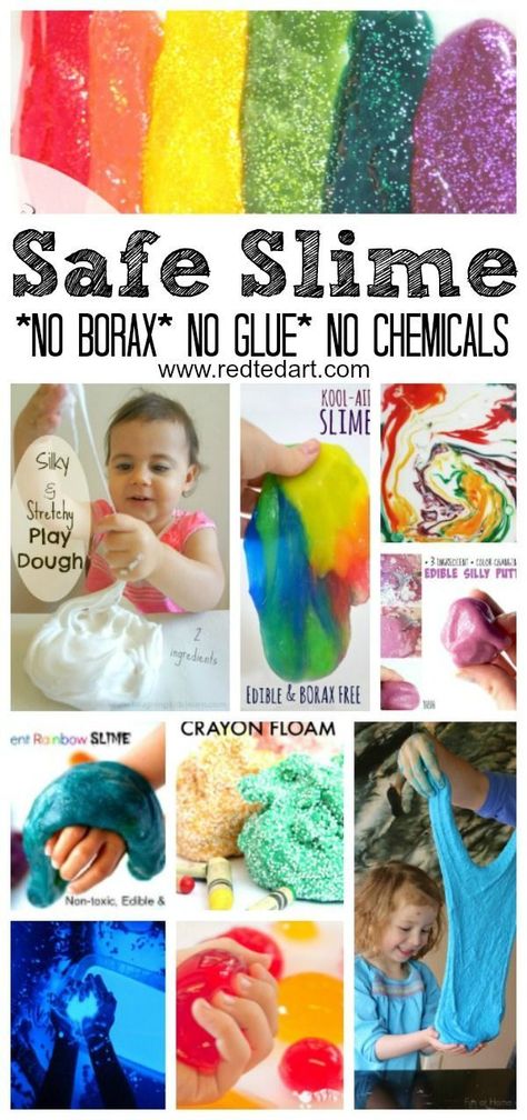 Taste Safe Slime, Easy Slime Recipes, Safe Slime Recipe, Slime No Borax, Sensory Slime, Borax Slime Recipe, Vetenskapliga Experiment, Borax Slime, Resep Slime