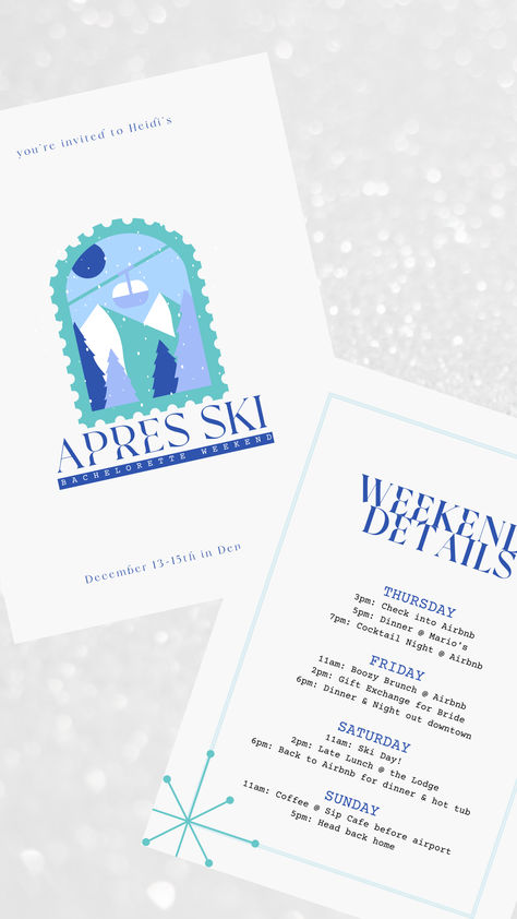 winter bachelorette ideas / apres ski club theme / apres ski theme weekend invite / bachelorette apres ski invitation / ski club weekend / champagne on ice / last run on the slopes Apres Ski Party Invitation, Apres Ski Invitation, Ski Lodge Aesthetic, Champagne On Ice, Winter Bachelorette, Lodge Aesthetic, Skiing Holiday, Ski Party, Apres Ski Party