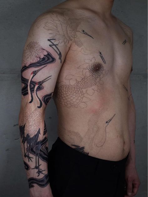 River Tattoo, Tattoo Japanese Style, Crane Tattoo, Funky Tattoos, Landscape Tattoo, Full Body Tattoo, Arm Band Tattoo, Stomach Tattoos, Arm Sleeve Tattoos