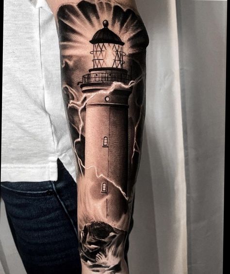 Below are some lighthouse tattoo design ideas. Light House Tattoo Design, Lighthouse Tattoo Stencil, Lighthouse Tattoo Men, Lighthouse Tattoo Design, Light House Tattoo, Lighthouse Tattoo Meaning, Traditional Lighthouse Tattoo, Lighthouse Tattoos, Men's Tattoo