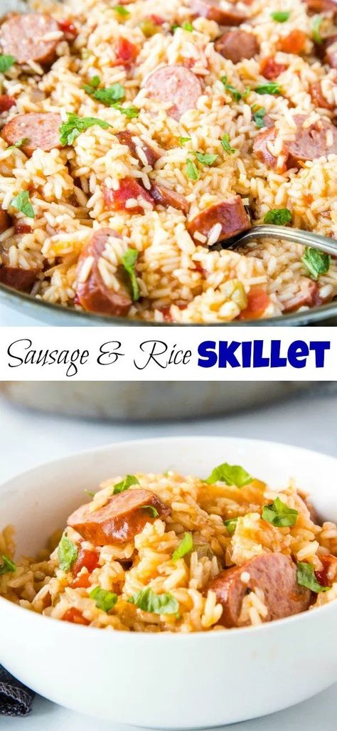 Sausage Rice Recipes Easy Dinners, Easy Meals With Rice Dinners, Sausage One Pan Recipes, Healthy Sausage And Rice Recipes, Skillet Rice Meals, Easy Dinner Recipes Smoked Sausage, Rice Sausage Skillet, Easy Weeknight Dinners With Rice, Sausage Rice Skillet Recipes