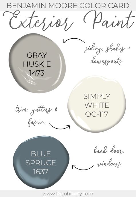 Benjamin Moore Gray Huskie, Simply White Trim, Benjamin Moore Simply White, White Exterior Paint Colors, Benjamin Moore Exterior, Exterior Gray Paint, Exterior Paint Schemes, White Exterior Paint, Gray House Exterior