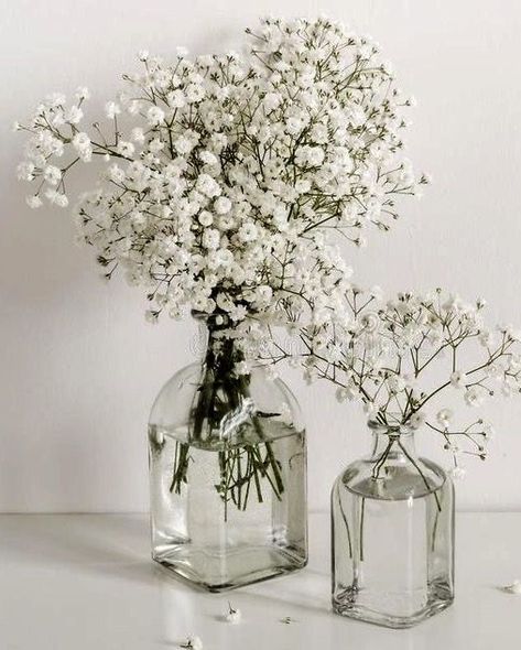 White Flowers Home Decor, Glass Jar Table Centerpieces, Gypsophila In Vase, Bridal Shower White Flower Arrangements, Minimalist Flower Decor, Minimalistic Bridal Shower Ideas, Baby Breath Vase, Baby Breath Arrangement, Minimalist Bridal Shower Ideas