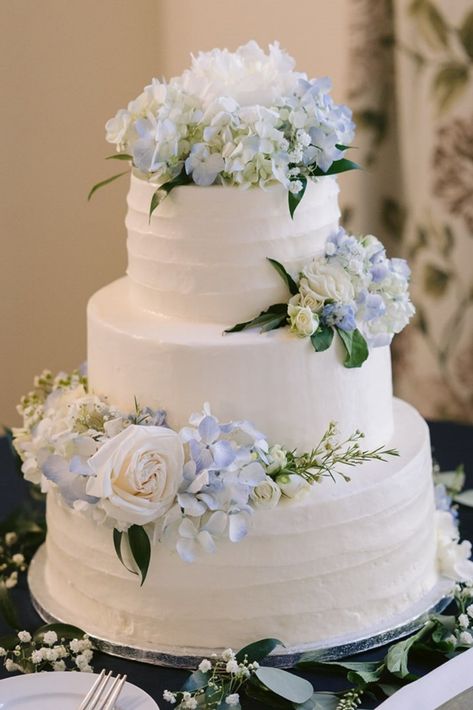 Yellow Blue Wedding Cake, Wedding Cakes With Blue Accents, Wedding Dessert Table Flowers, Sage Green And Blue Wedding Cake, Dusty Blue And White Wedding Cake, Whimsical Classic Wedding, Blue Wedding Cupcakes Ideas, Wedding Cake Inspo Elegant, White And Light Blue Wedding Cake