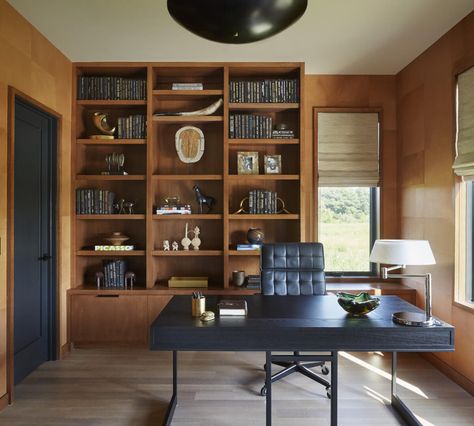 Why this Wisconsin designer prefers to focus on one project at a time Home Office Library Ideas, Outdoor Kitchen And Pool, Wood Home Office, Blue Home Offices, Transitional Home Office, Burgundy Walls, Contemporary Office Design, Elegant Home Office, Traditional Home Office