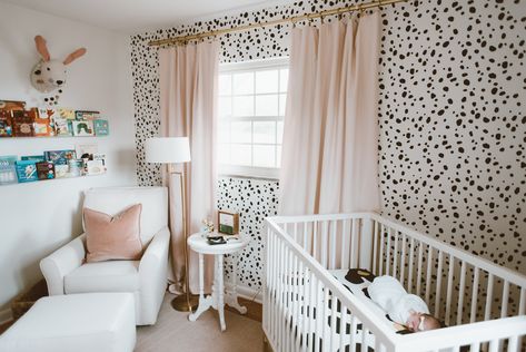 Dalmatian girls nursery White glider and ottoman Petal pink restoration hardware curtains Gold lamp Flynn pottery barn crib Black White And Pink Nursery, Dalmation Nursery, Dalmatian Nursery Ideas, Pink Black Nursery, Girls Dalmation Bedroom, Dalmatian Nursery, Restoration Hardware Curtains, Dalmatian Room, Dalmation Wallpaper Bedroom