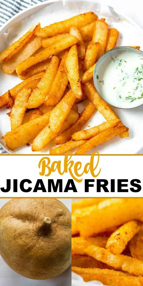 Oven Baked Jicama Fries, Vegan Jicama Recipes, Cooked Jicama Recipes, How To Eat Jicama, Jimaca Fries, Recipes With Jicama, Mashed Jicama, Jimaca Recipes, Jicama Recipes