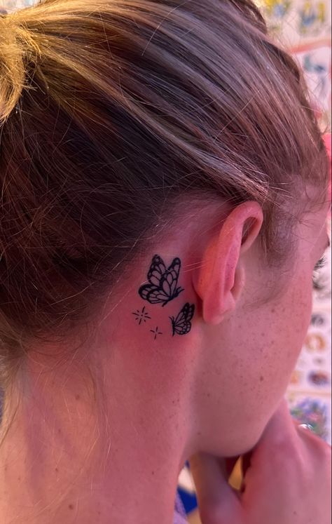 Purple Butterfly Tattoo Behind Ear, Butterfly Tat Behind Ear, Back Of Ear Tattoos For Women, Cute Tattoos Behind Ear, Butterfly Tattoo Back Of Neck, Butterfly Behind Ear Tattoo, Small Behind Ear Tattoos For Women, Butterfly Ear Tattoo, Butterfly Behind The Ear Tattoo