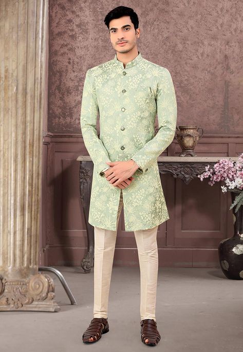 Best Dress For Men, Indo Western Dress For Men, Vs Image, Light Green Dress, Mens Sherwani, Gents Kurta, Modest Evening Dress, Silk Pant, India Dress