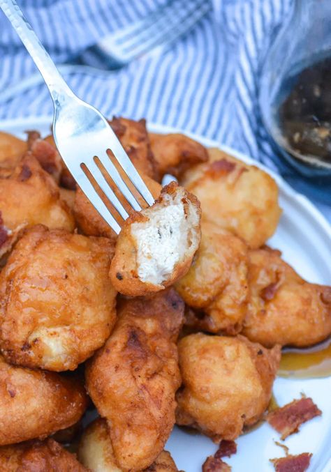 Pancake Battered Chicken Nuggets - 4 Sons 'R' Us Breakfast Nuggets Recipe, Beer Battered Chicken Nuggets, Pancake Fried Chicken, Pancake Chicken Tenders, Pancakes And Chicken, Chicken Nugget Batter, Tempura Chicken Nuggets, Sides For Chicken Nuggets, Pancake Batter Ideas