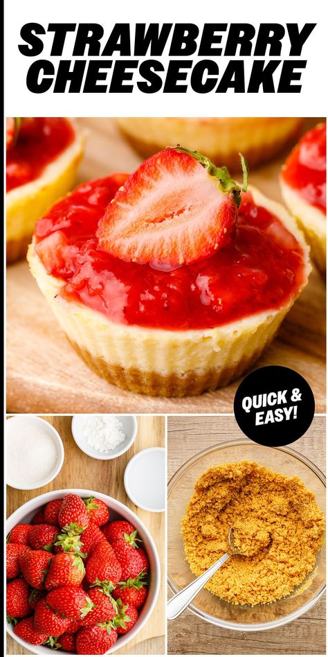 If you're looking for a strawberry cheesecake recipe that's quick, easy and perfect for more personalized portions, make this recipe! Small Strawberry Cheesecake, Fresh Strawberry Topping For Cheesecake, Healthy Strawberry Cheesecake Recipes, Mini Strawberry Cheesecake Recipes, 6 Inch Strawberry Cheesecake Recipe, Cheesecake Pie Recipes, Strawberry Snacks, Mini Strawberry Cheesecake, Easy Strawberry Cheesecake