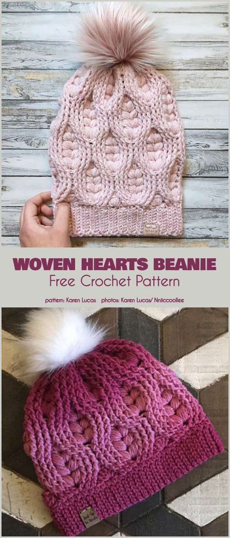 Woven Hearts Beanie Free Crochet Pattern Beanie Free Crochet Pattern, Crochet Patterns Free Women, Punxsutawney Phil, Crochet Beanies, Crochet Hat For Women, Crochet Heart Pattern, Crochet Hat Free, Beanie Crochet, Hearts Pattern