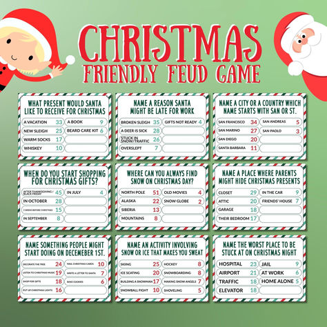 Office Holiday Party Games, Christmas Friendly Feud, Family Christmas Party Games, Christmas Office Party, Christmas Family Feud, Christmas Trivia Games, Family Feud Game, Christmas Trivia, Christmas Games For Family