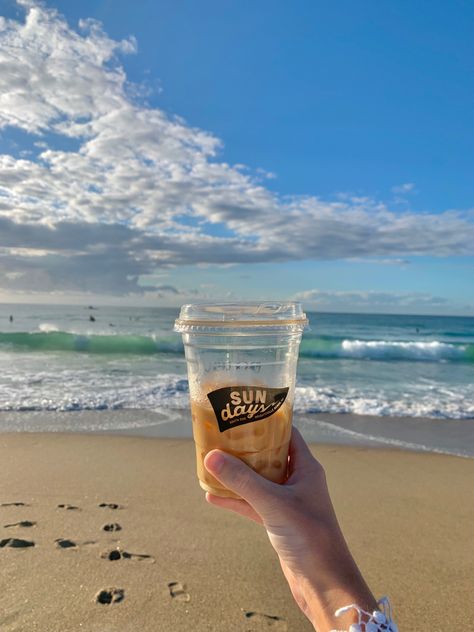 Coffee On The Beach Aesthetic, Iced Coffee On The Beach, Coffee Shop On The Beach, Beach Coffee Aesthetic, Coffee Beach Aesthetic, Summer Coffee Aesthetic, Iced Coffee Photography, Coffee By The Beach, Coffee And Beach