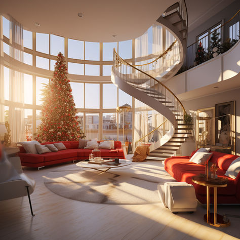 New York Penthouse Christmas, Penthouse Christmas, Modern Penthouse Living Room, New York Living Room, Red Couches, Penthouse Balcony, Dream Penthouse, Penthouse Living Room, New York Living