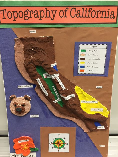 4th Grade California Regions Topography Map California Salt Dough Map, California History 4th Grade, California Regions Project 4th Grade, California Geography, California Regions, Summer Arts And Crafts, Topography Map, 3rd Grade Social Studies, Topographical Map