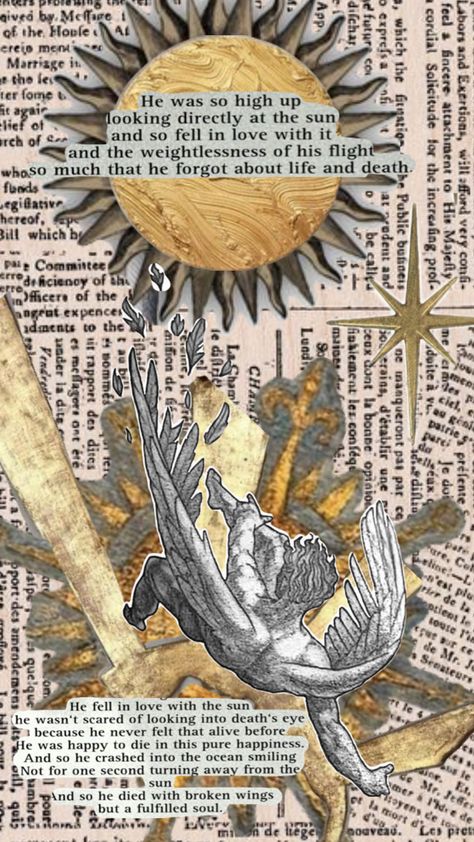 icarus greek mythology Greek Mythology Collage Wallpaper, Icarus Collage, Greek Mythology Collage, Icarus Aesthetic, Icarus Greek Mythology, Greek Mythology Wallpaper, Mythology Paintings, Heavenly Bodies, Dark Wallpaper