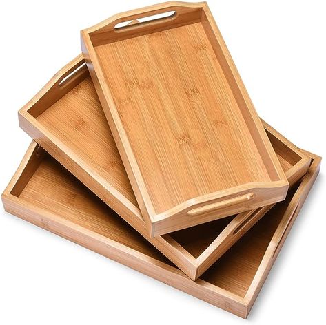 Amazon.com: Bamboo Serving Tray with Handles - Set of 3 Coffee Table Trays - Wooden Serving Tray for Home or Restaurant - Nesting Food Tray for Breakfast in Bed : Home & Kitchen Vegetable Dinner, Desk Snacks, Drink Cake, Coffee Table Trays, Bed Tray Table, Cake Snack, 3 Coffee Tables, Breakfast Fruit, Large Serving Trays