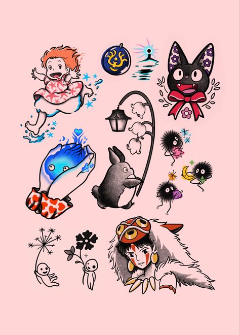 Studio Ghibli tattoo flash by tattoo.witch.envy on Instagram Studio Glibly Tattoo, Studio Ghibli Traditional Tattoo, Ghibli Tattoo Sleeve, Catbus Tattoo, Studio Ghibli Tattoo Sleeve, Ghibli Flash Tattoo, Studio Ghibli Flash Tattoo, Ghibli Tattoo Ideas, Hayao Miyazaki Tattoo