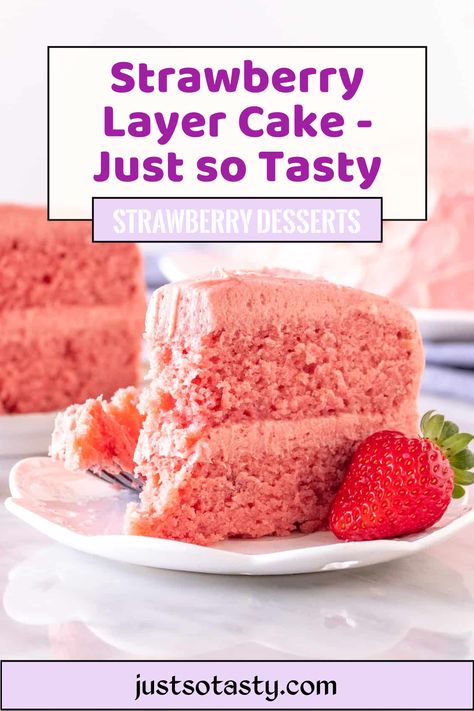 This homemade strawberry cake has layers of tender, bright pink cake and creamy strawberry frosting. Both the cake batter and the buttercream are infused with strawberry puree - making this cake absolutely beautiful and bursting with fresh strawberry flavor. #strawberry #cake #layercake #strawberryfrosting #pink #strabwerrybuttercream #cake #spring #recipe #babyshower #bridalshower from Just So Tasty Bright Pink Cake, Recipes With Strawberry, Strawberry Layer Cake, Cake Spring, Strawberry Layer Cakes, Homemade Strawberry Cake, Spring Recipe, Cake Writing, Strawberry Dessert Recipes