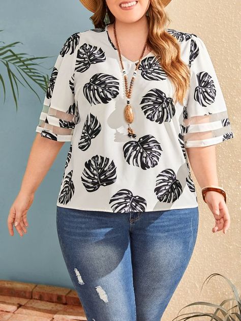 Blusas para Disimular la Barriga con Estilo Classic Blouses, Chic Blouses, Women Shirts Blouse, 여자 패션, V Neck Blouse, Plus Size Blouses, Leaf Print, Plus Size Tops, Printed Blouse