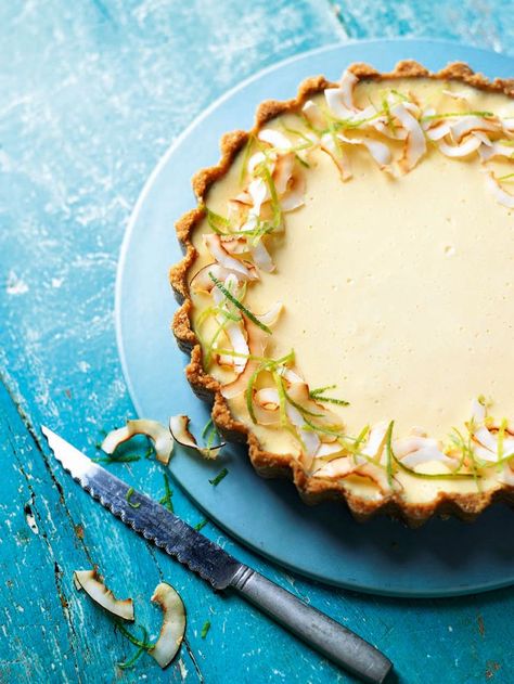 Lime and coconut tart Coconut Tart, Lime Recipes, Delicious Magazine, Digestive Biscuits, Sweet Pie, Sweet Tarts, Tart Recipes, Toasted Coconut, Sweet Savory