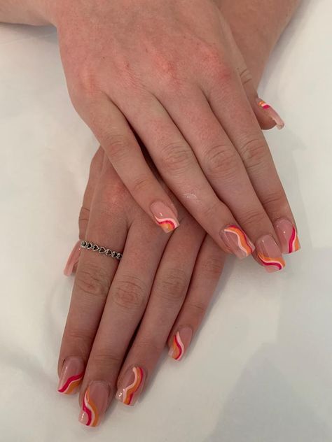 Orange Pink And White Nails, Dominican Republic Nails Ideas, Pink Orange White Nails, Pink Orange And White Nails, Orange Pink Nails, Summer Aesthetic Nails, Nails Sommer, Brown Acrylic Nails, Aesthetic Orange