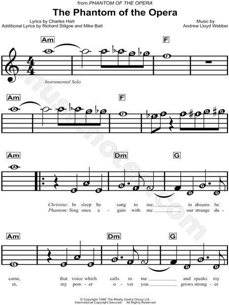 Print and download The Phantom of the Opera sheet music from The Phantom of the Opera. Sheet music arranged for Piano/Vocal/Chords in A Minor. Phantom Of The Opera Piano Sheet Music Easy, Phantom Of The Opera Violin Sheet Music, Phantom Of The Opera Piano Sheet Music, Sheet Music For Beginners, Music For Beginners, Piano Songs Sheet Music, Piano Sheet Music Letters, Piano Music Easy, Easy Sheet Music